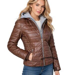 Mauritius Robin Brown Lamb Leather Puffer Jacket w/Removable Hood RARE Size 10